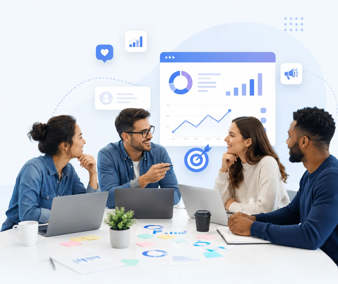 Equipe de marketing discutindo estratégias
